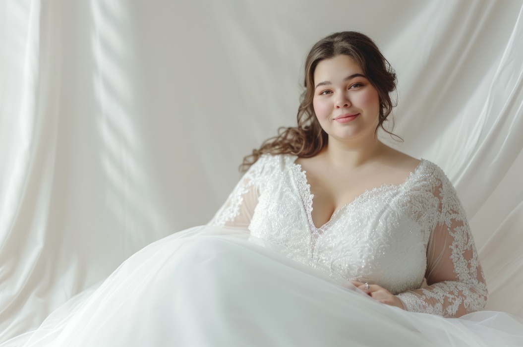 Eine wunderschöne kaukasische Braut in Übergröße in einem prächtigen weißen Brautkleid. Ein Konzept, das Braut-Eleganz, luxuriöse Kleidung, Designermode und ausgelassene Feierlichkeiten vereint.